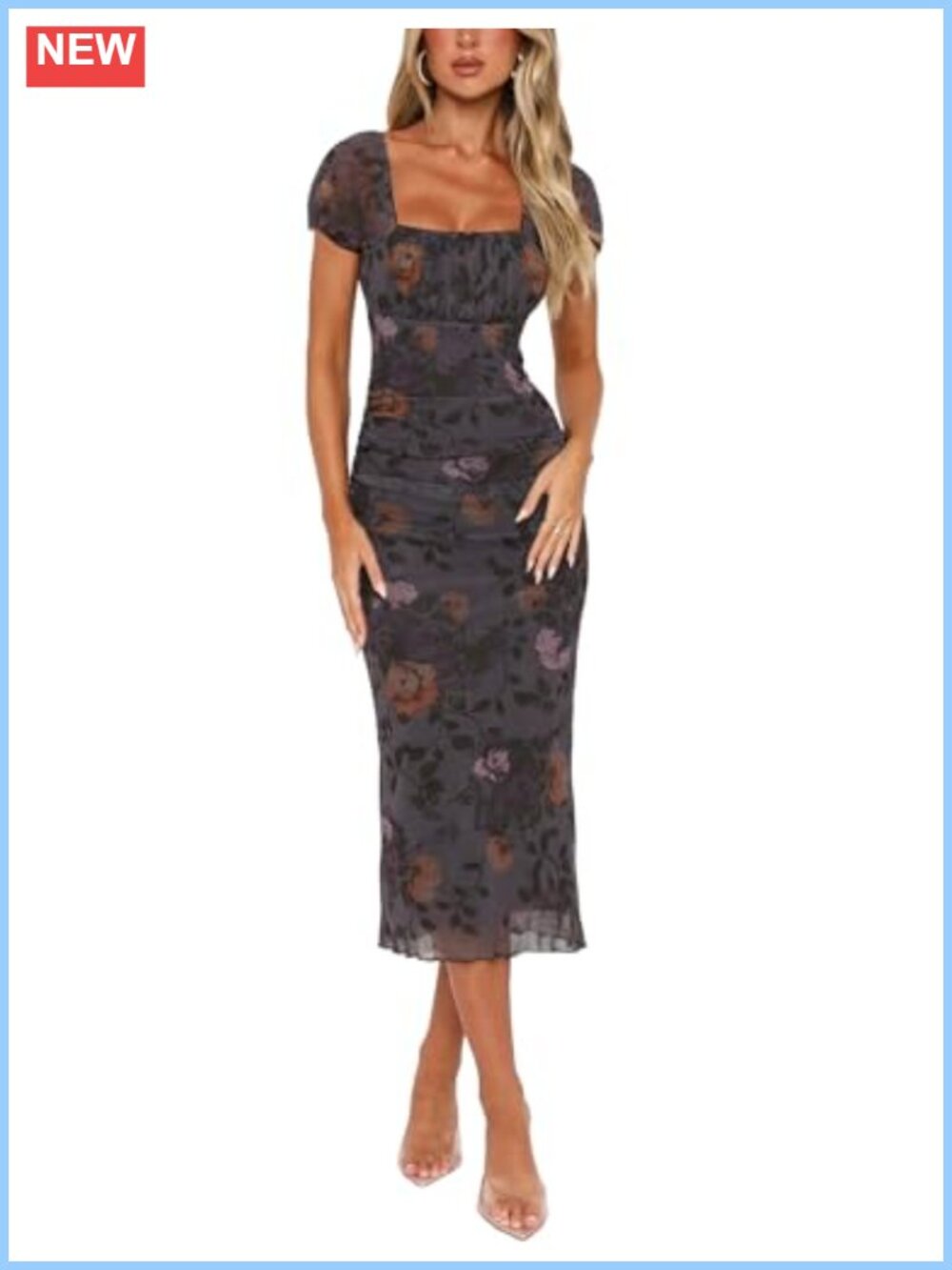 Women's Floral Midi Dress Ruched Mesh Bodycon Square Neck Short Sleeve Summer